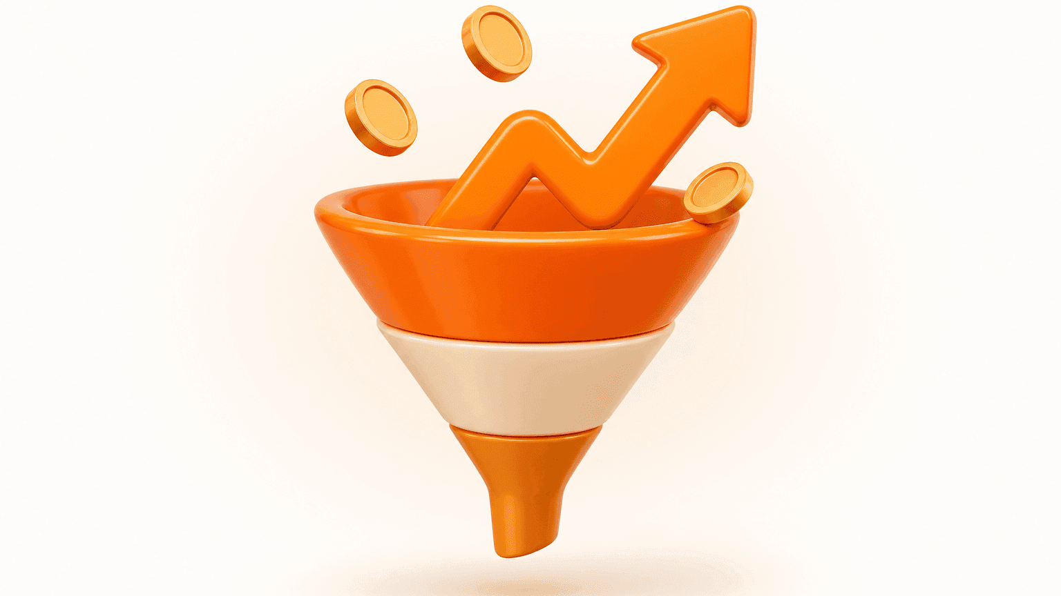 Revenue Lab illustration — a pastel 3D conversion funnel with an upward growth arrow